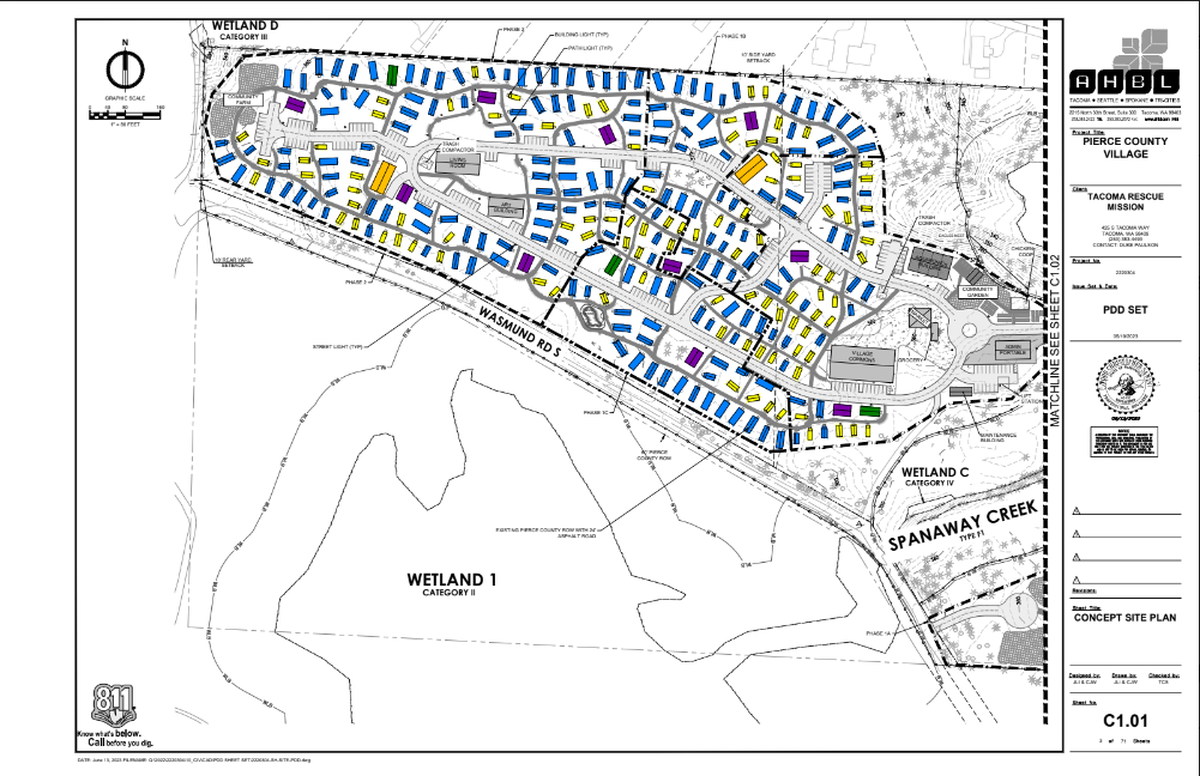A concept site plan of the proposed 285-unit micro-home village run by Tacoma Rescue Mission near Spanaway. A community farm is proposed on the northwest side of the map, and village commons, a community garden and an aquaponics building are proposed on the east side.