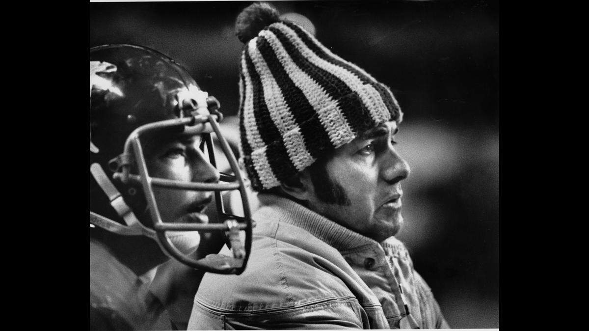 Jack Sonntag, right, coached the Foss High School football team to the 1975 state title. Sonntag died earlier this month.