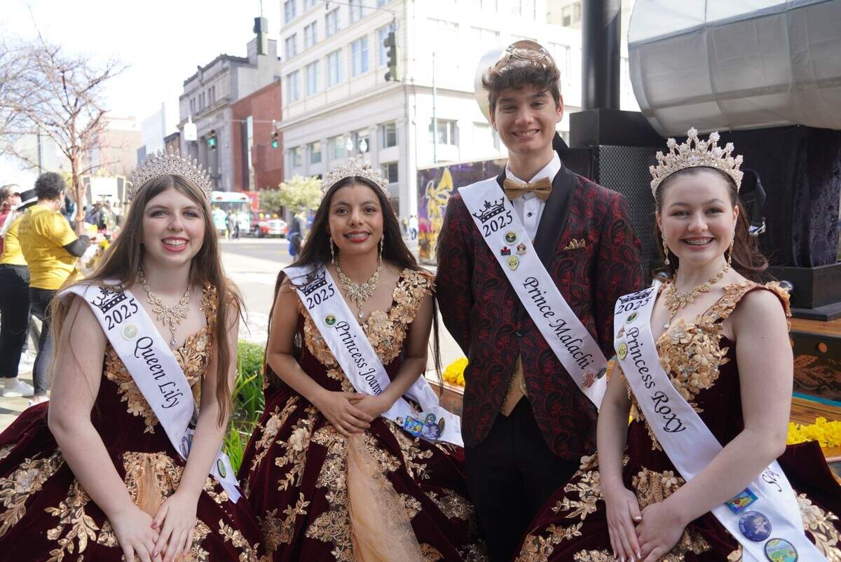Royalty from the Sequim Irrigation Festival in full regalia for the 92nd Daffodil Festival Parade beginning in Tacoma, Wash., Saturday, April 5, 2025.