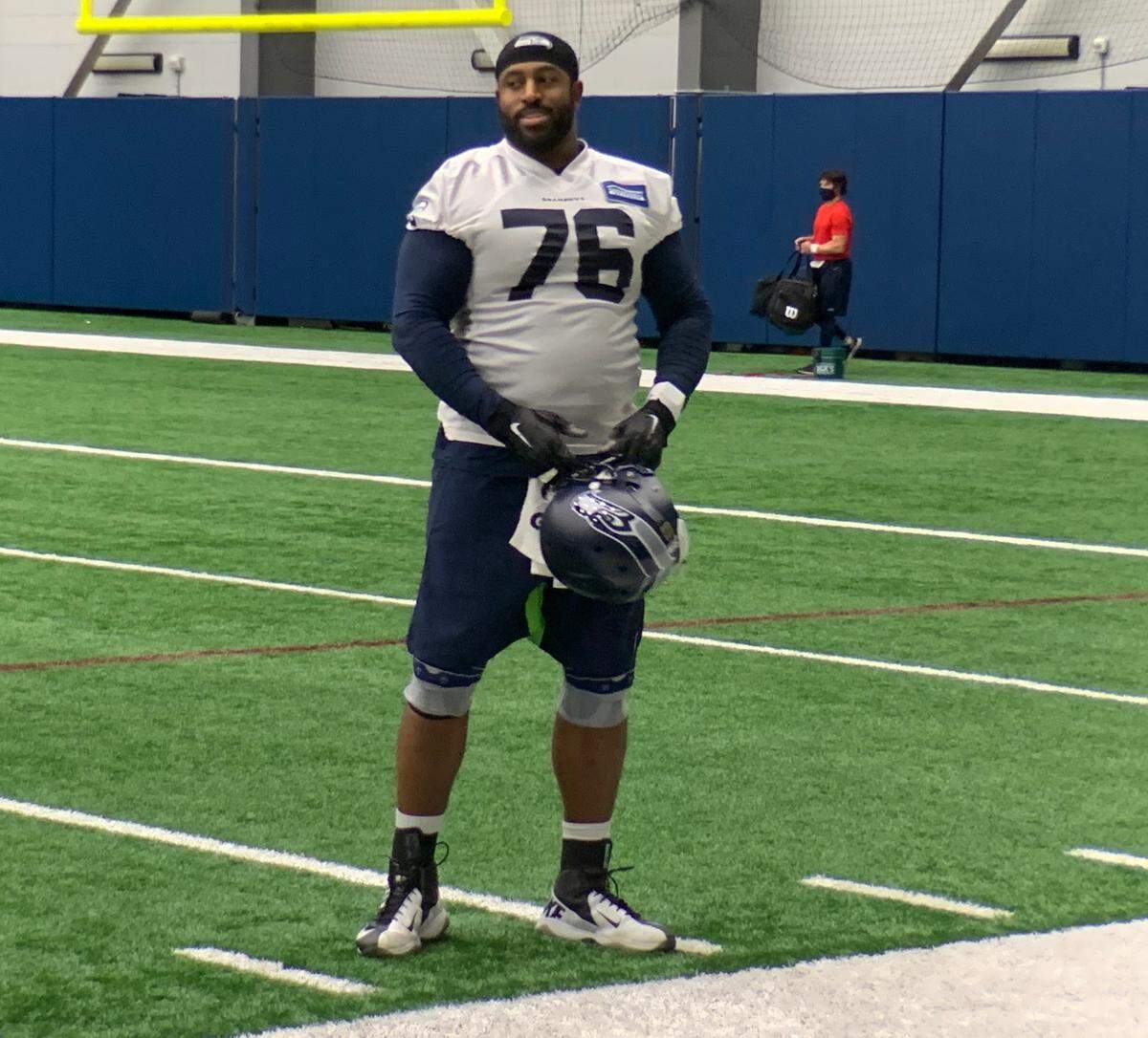 Left tackle Duane Brown at Seahawks practice Thursday at the Virginia Mason Athletic Center in Renton, three days before they play at Buffalo. The 35-year-old veteran got his customary Wednesday off from practice.