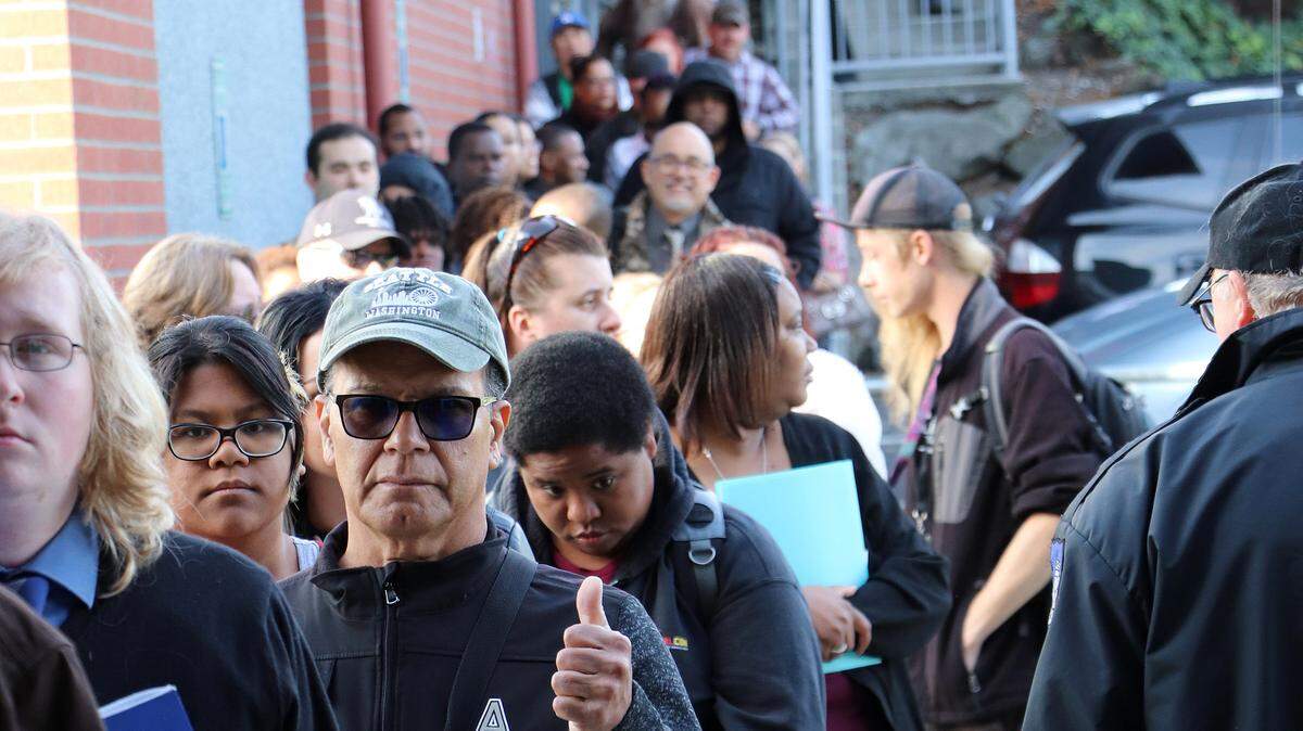 More than 200 were lined up before doors opened Wednesday morning at Goodwill’s Milgard Work Opportunity Center in Tacoma for its Hire 353 job fair.