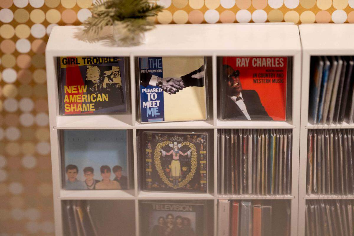 Laurie Cinotto’s Teeny Tiny Vinyl record collection in her basement, on Wednesday, April 17, 2024, in Tacoma. What started as a gift for a friend has miniaturized her passion for vinyl.