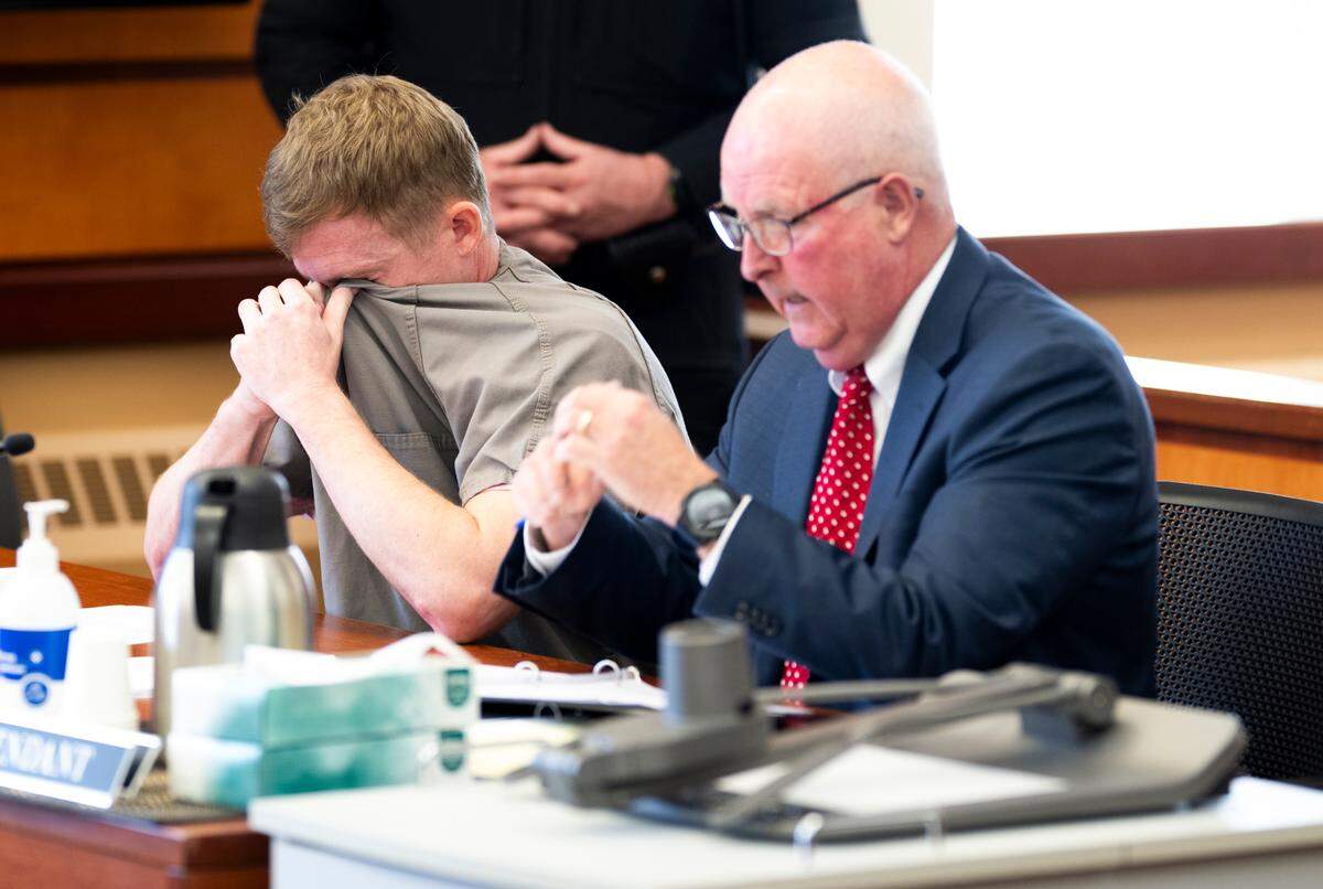 Jake Jackson, former Sumner High Basketball coach, gets emotional after giving a statement at his sentencing for 19 sex crime charges at Pierce County Superior Court, on Thursday, April 17, 2025, in Tacoma.