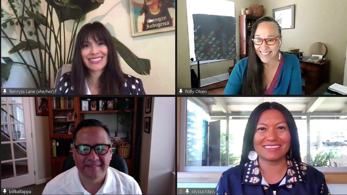 Temryss Lane, top left and clockwise, Polly Olsen, Alyssa Macy and Bill Kallapa speak at the Seattle CityClub’s “Civic Boot Camp: Weaving Social Responsibility with Native Values” digital event Friday afternoon, June 18. The panel was moderated by Lane, a Lummi Nation scholar, broadcaster and youth advocate.
