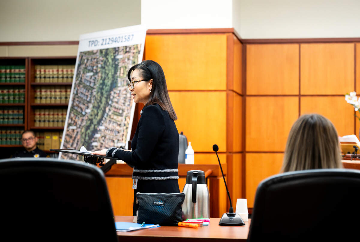 Prosecutor Sunni Ko gives an opening state in the jury trial of Maleke Pate for four counts of aggravated murder, at Pierce County Superior Court, on Tuesday, March 5, 2024, in Tacoma. Pate is accused of fatally shooint four people in Tacoma’s Salishan neighborhood on Oct. 21, 2021.