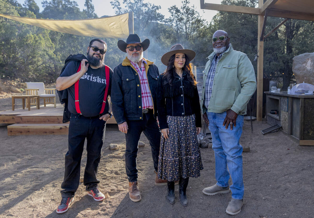 “Pitmasters” is unique among BBQ competition shows in that the show never stops filming as contestants cook and tend the fire day and night. The hosts and judging panel feature, from left: Ernest Servantes, Andrew Zimmern, Jess Pryles and Moe Cason.
