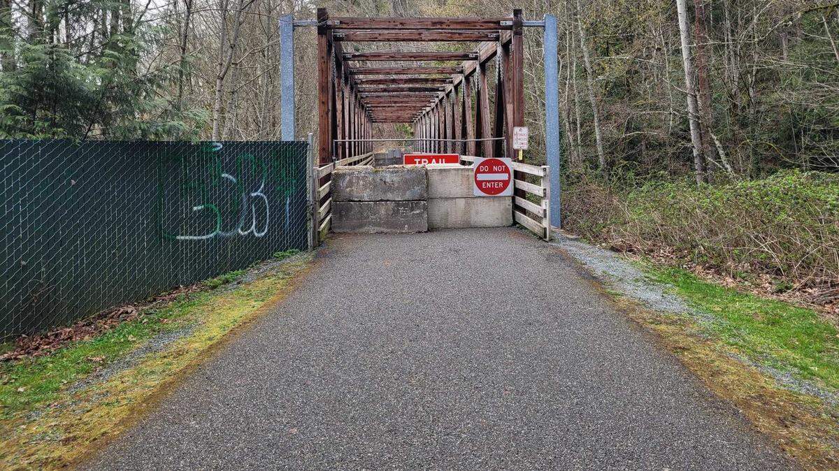 The Spiketon Ditch Bridge on the Foothills Trail between South Prairie and Buckley was closed in November 2023 and later demolished. Crews are building a new bridge that is expected to open before July 1, 2025.