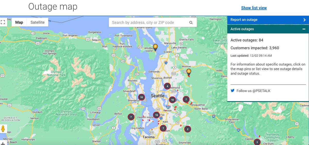 Puget Sound Energy’s outage map showed a scattering of outages Saturday morning after windy conditions overnight.