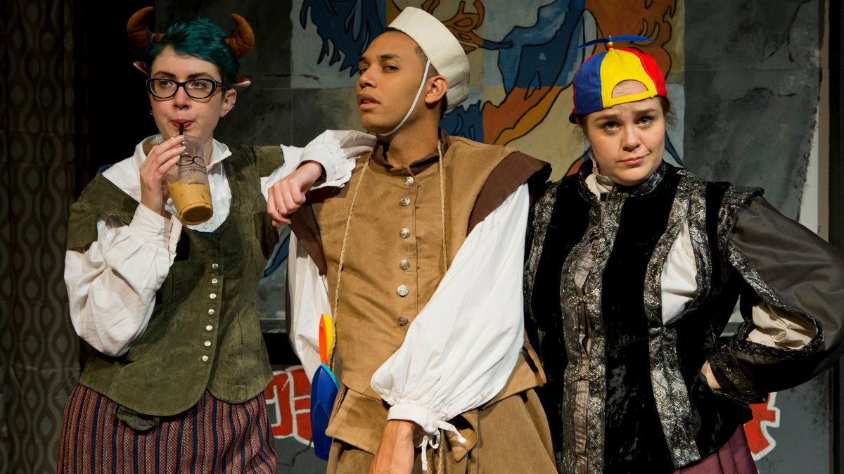 From left: Laura Peake, Joshua Jérard and Tempest Wisdom take on “The Complete Works of William Shakespeare (Abridged)”