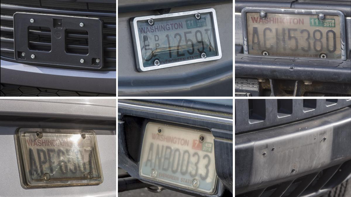 A sample of cars in Tacoma with either a license plate cover or no license plate in front, March 29, 2018.