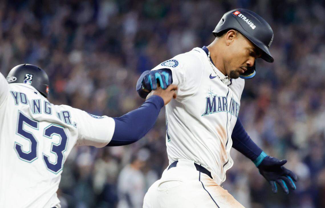Oct 4, 2025; Seattle, Washington, USA; Seattle Mariners outfielder Julio Rodríguez (44) circles the bases after hitting a home run during the fourth inning against the Detroit Tigers during game one of the ALDS round for the 2025 MLB playoffs at T-Mobile Park. Mandatory Credit: Joe Nicholson-Imagn Images