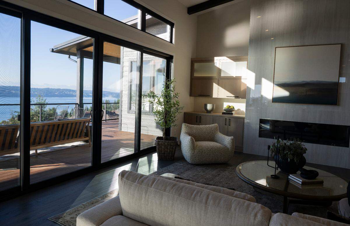 A sweeping view of the Olympic Mountains, Gig Harbor, the Tacoma Narrows Bridge and modern amenities are featured in this home on the market from Rush Residential, on Wednesday, Jan. 29, 2025, in Tacoma.