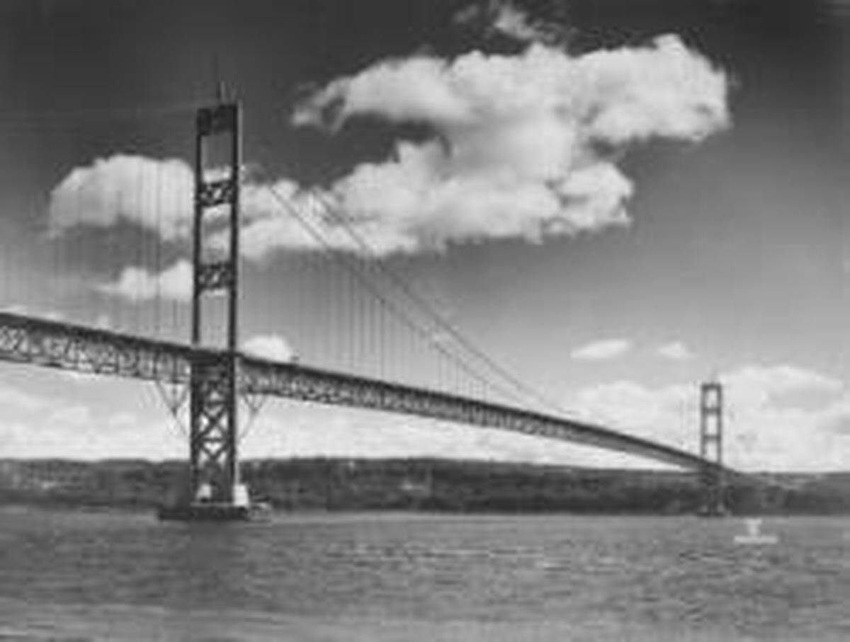 This photograph shows the Tacoma Narrows Bridge in 1950.