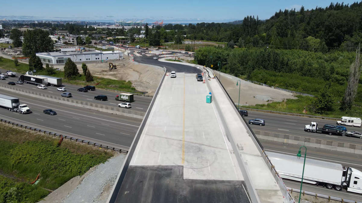 Aerial views show the Wapato Way East Bridge over I-5 in Fife which opened to drivers on Monday, June 28, 2021. It replaces the 70th Ave. East bridge.