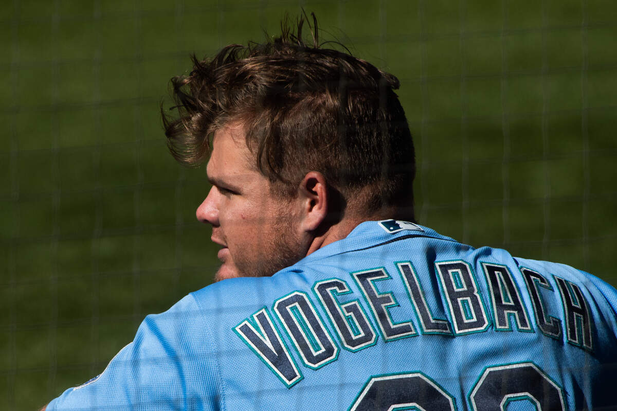 Seattle Mariners first baseman Daniel Vogelbach (20) watches during an intrasquad practice game at T-Mobile Park in Seattle, Wash., on Monday, July 13, 2020.