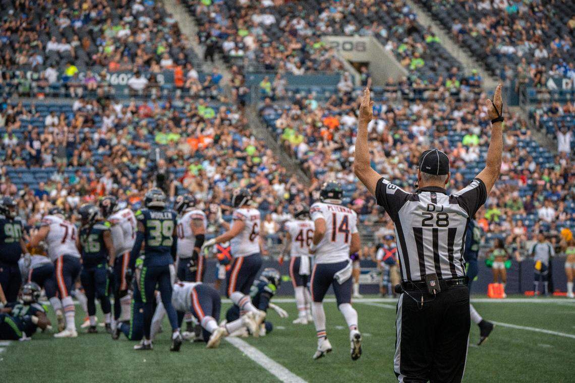 Down judge Mark Hittner confirms the touchdown for the Chicago Bears in the second half of their preseason game against the Seattle Seahawks in Lumen Field on Aug. 18, 2022.