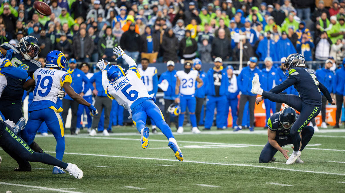 Seattle Seahawks place kicker Jason Myers (5) kicks a field goal and misses sending the Seahawks into overtime in the fourth quarter of an NFL game against the Los Angeles Rams at Lumen Field in Seattle, Wash. on Jan. 8, 2023. The Seahawks defeated the Rams in overtime 19-16.