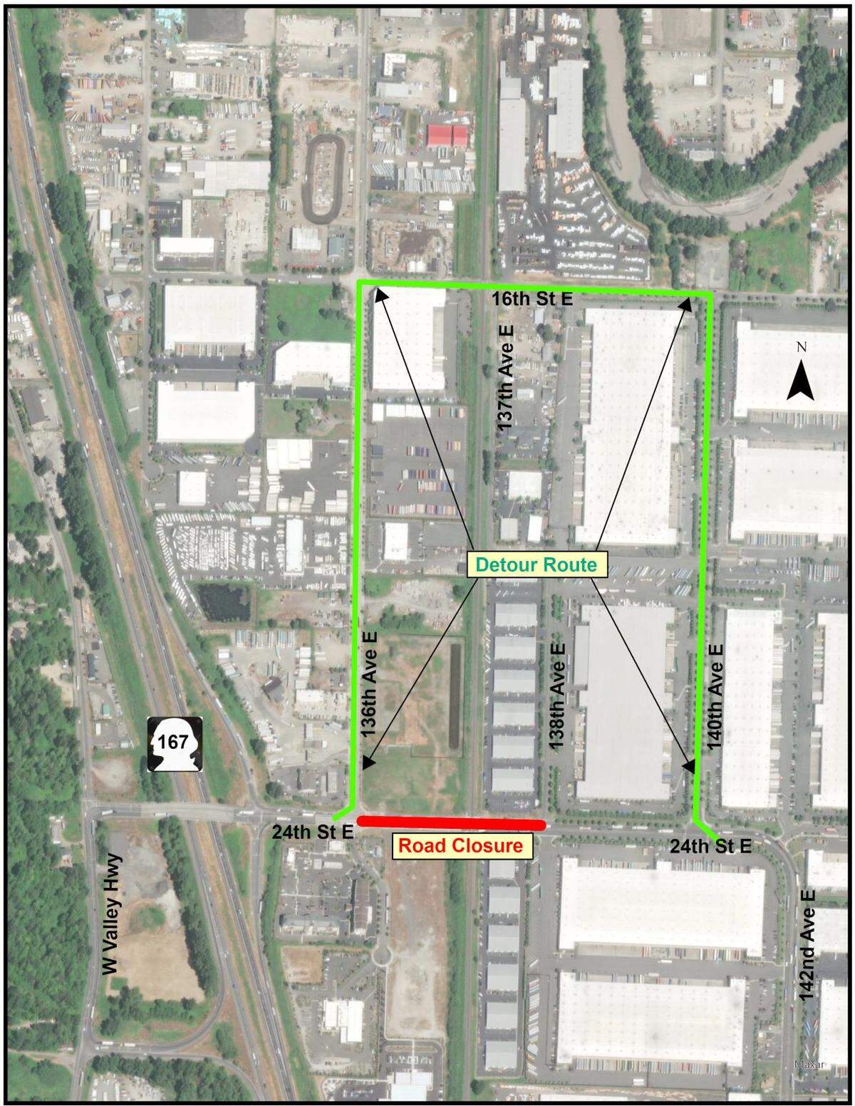 A map of the detour route during a road closure along 24th Street in Sumner from March 6 to March 8.