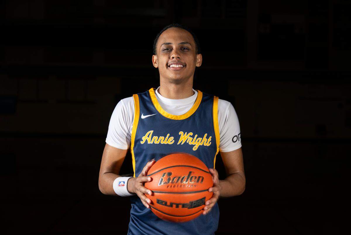 Annie Wright senior Jeremiah Harshman, The News Tribune’s 2025 All-Area boys basketball player of the year, poses for a portrait at Sumner High School, on Sunday, March 23, 2025, in Sumner, Wash.