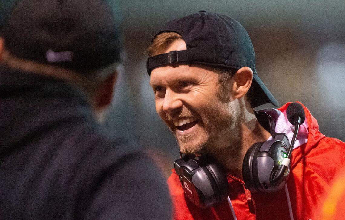 Sentinels coach Kyle Haller enjoys the victory. The Steilacoom Sentinels football beat the Enumclaw Hornets, 14-7, in a 2A South Puget Sound League game on Friday night, Oct. 9, 2021 at Pete’s Pool in Enumclaw.