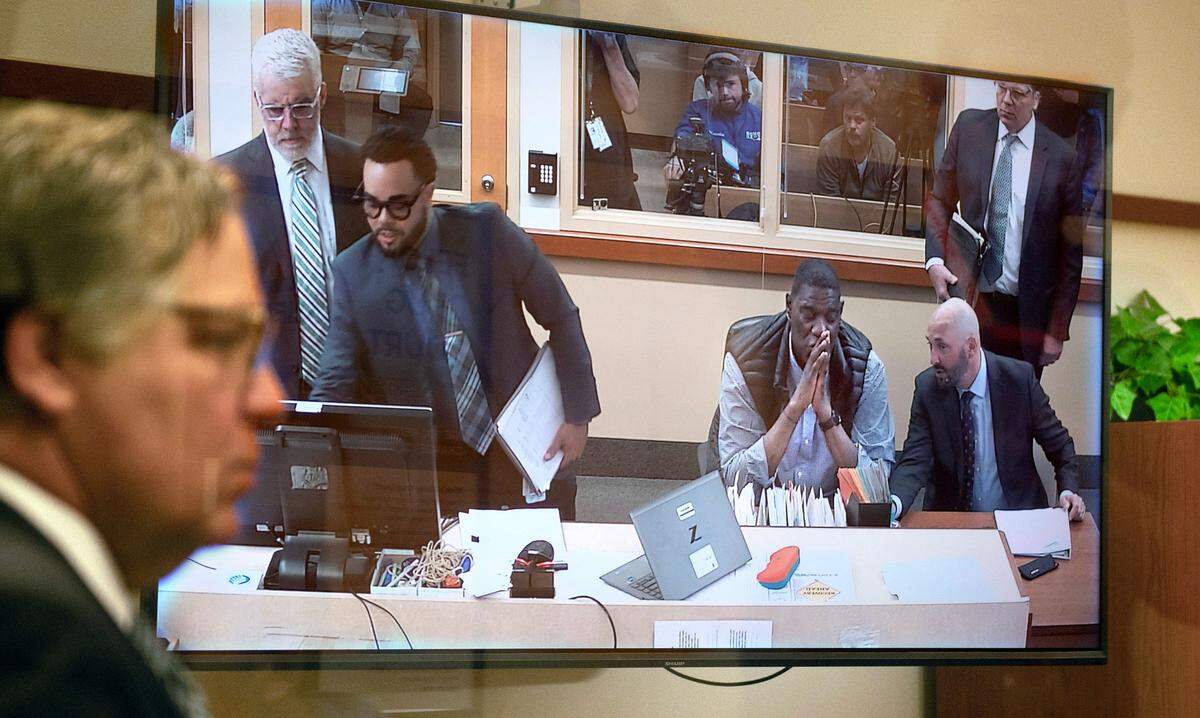 Former Seattle Supersonics basketball player Shawn Kemp appears in Pierce County Superior Court in Tacoma, Washington, on Thursday, May 4, 2023, to be arraigned on charge of first-degree assault for a March 8 shooting at the Tacoma Mall.