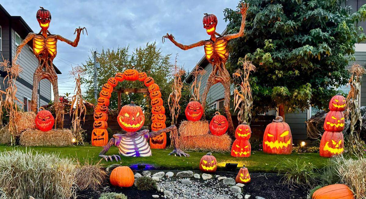 An evil pumpkin patch is part of Paul and Chrisy Vindivich’s Halloween decorations outside their home in the 5300 block of North 47th Street in Tacoma. It’s even taken over their neighbor’s yard.
