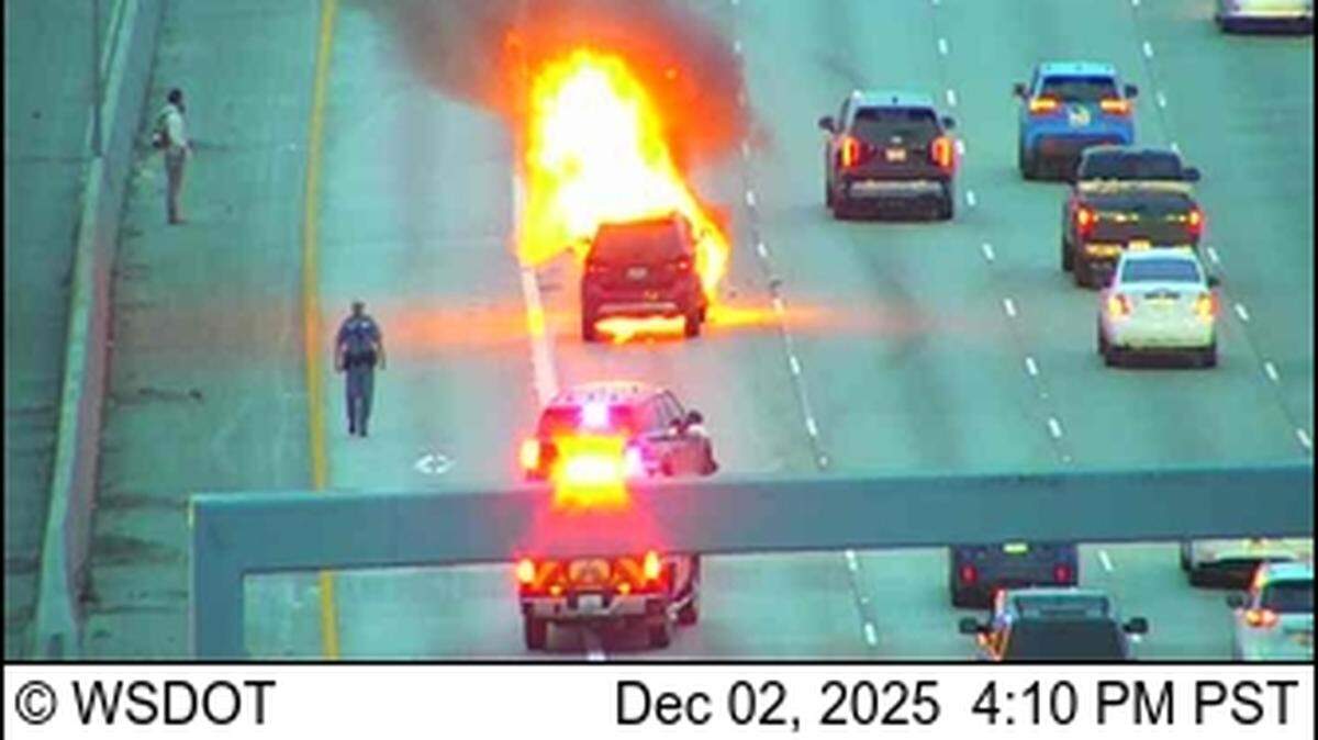 A car fire was blocking traffic on Interstate 5 through Tacoma on Tuesday, Dec. 2, 2025.