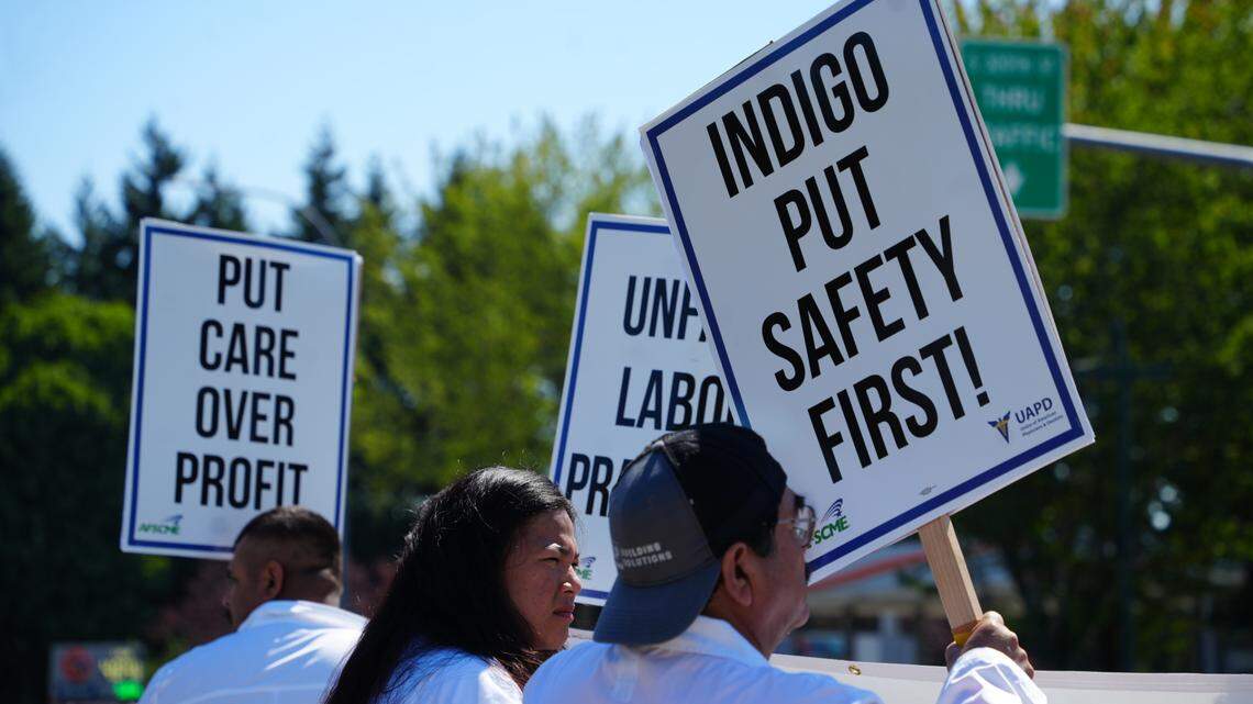 Members of the Union of American Physicians and Dentists picketed a MultiCare Indigo Urgent Care Clinic in Federal Way on Tuesday. A picket at a Puyallup clinic site was scheduled for later in the day.
