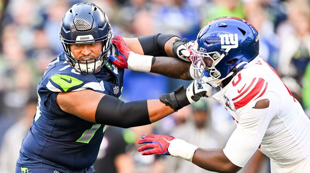 Seattle Seahawks offensive tackle Stone Forsythe (78) blocks New York Giants linebacker Kayvon Thibodeaux (5) during the fourth quarter of the game at Lumen Field, on Sunday, Oct. 6, 2024 in Seattle, Wash.