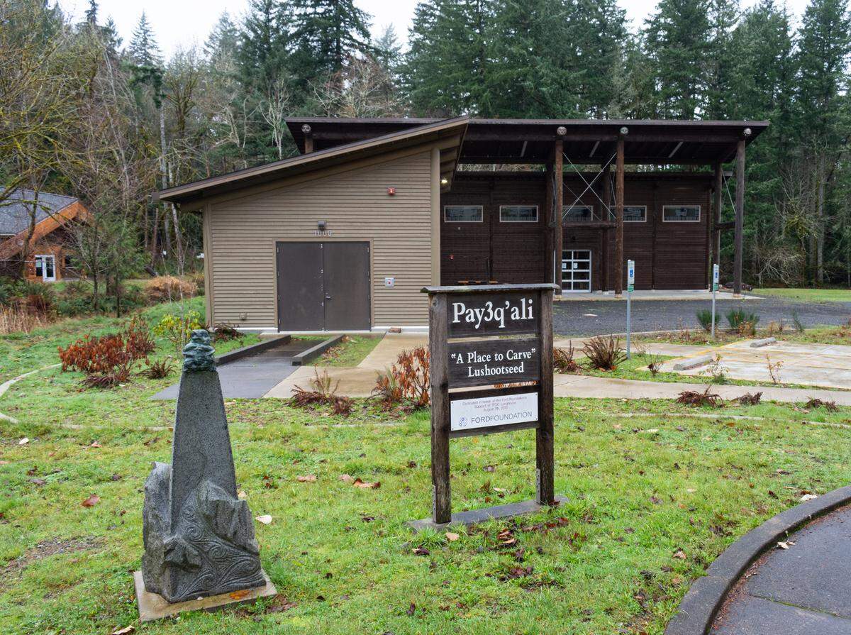 The carving studio hosts numerous carving workshops and programming for Indigenous artists at Evergreen State College’s Indigenous Arts Campus in Olympia. Opened in 2012, the studio is fitted with equipment and stations conducive to their specific needs, such as carving intricate canoe paddles.