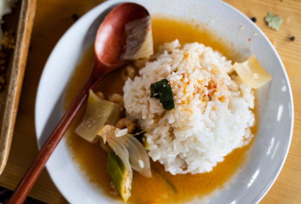 In Tacoma, chef Jan Parker is known for her seasonal, contemporary takes on Filipino cooking with PNW ingredients. Here, a bowl of sinigang, but market favorites include her adobo chicken, vegan mushroom adobo and chili garlic noodles.