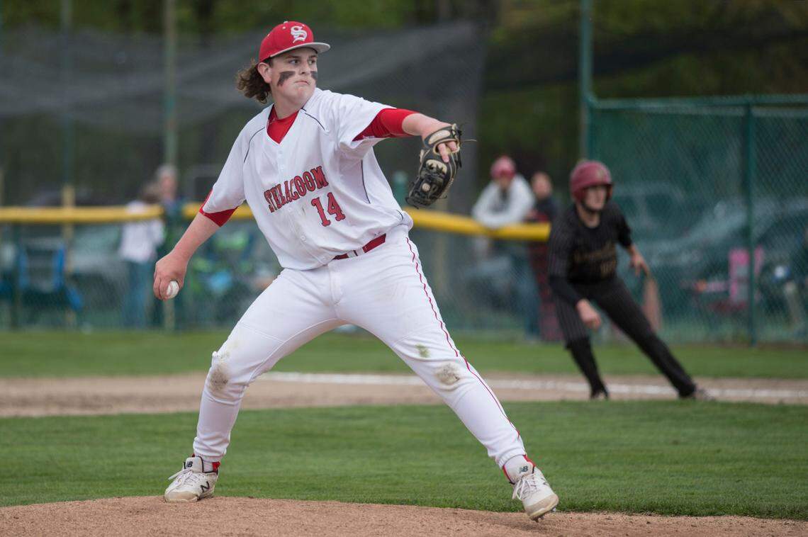 Steilacoom High School starter Reese Widman throws a pitch during the Class 2A South Puget Sound League championship game against Enumclaw on Saturday, May 8, 2021 at Osborne Field in Enumclaw, Wash.