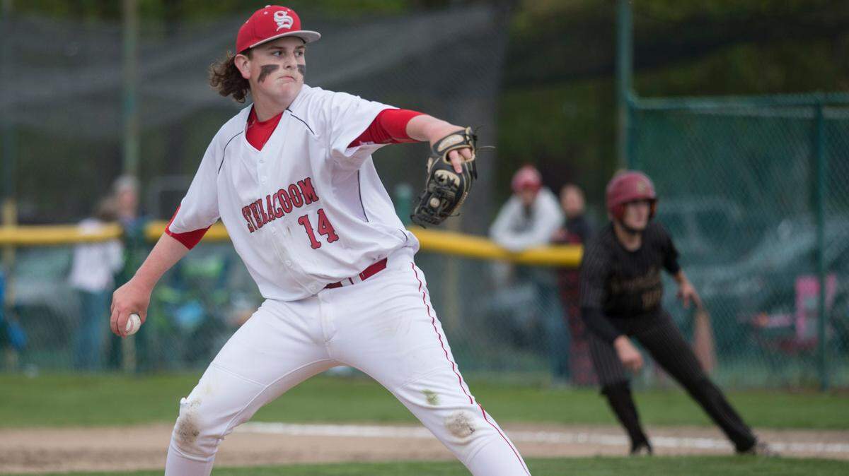 Steilacoom High School starter Reese Widman throws a pitch during the Class 2A South Puget Sound League championship game against Enumclaw on May 8, 2021 at Osborne Field in Enumclaw, Washington.