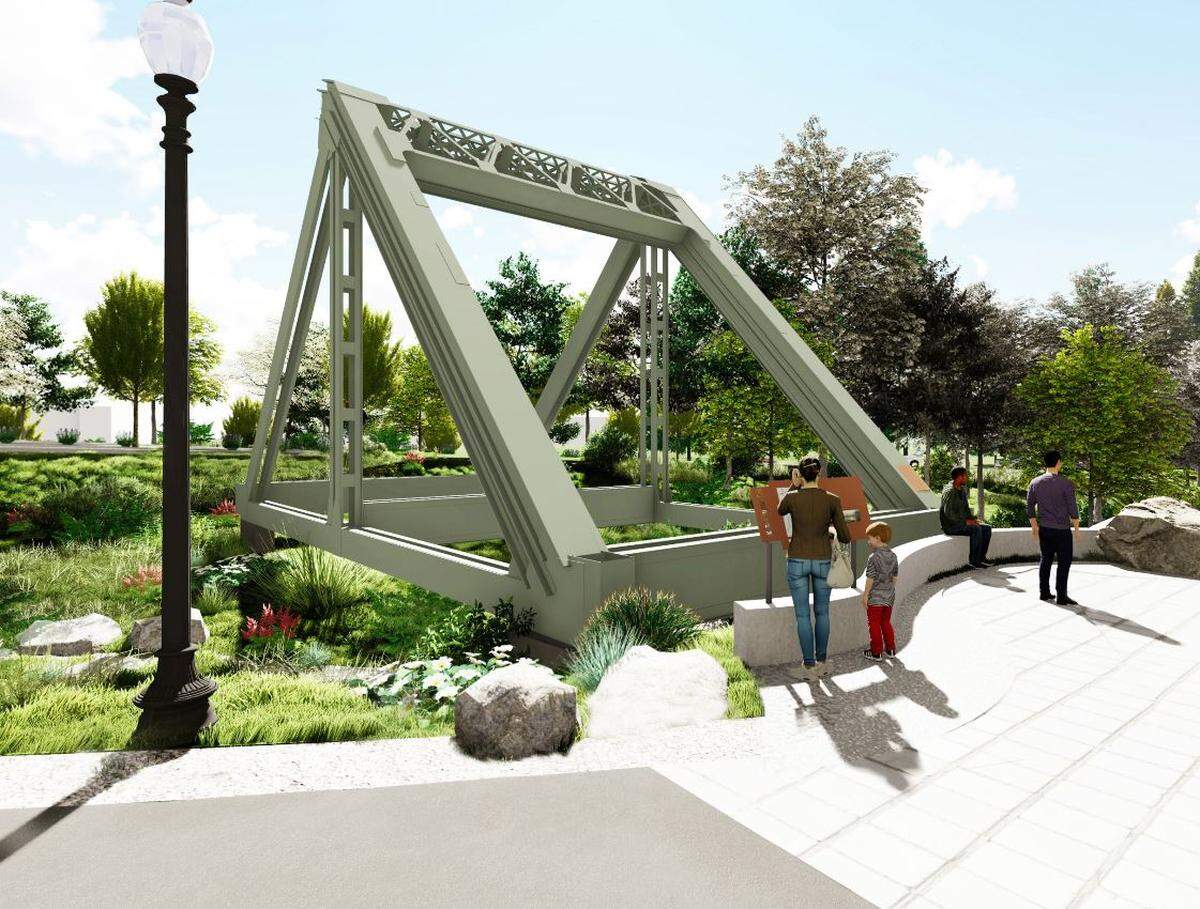A rendering of a future historic heritage site, which will feature a portion of the Puyallup River bridge along the spuyaləpabš Trail near the SR 167/North Meridian interchange.