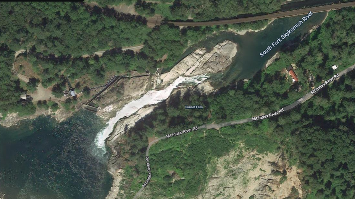 Overhead view of Sunset Falls on the South Fork of the Skykomish River, just off of U.S. Route 2 in Snohomish County, Washington.