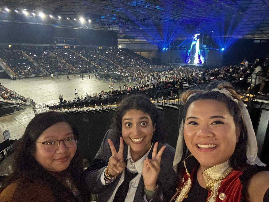 (Left to right) Diana Perez, Aashna Tiruvallur and Jordan Alcantara attending the ATEEZ concert in the Tacoma Dome July 14, 2024, in Tacoma, Wash.