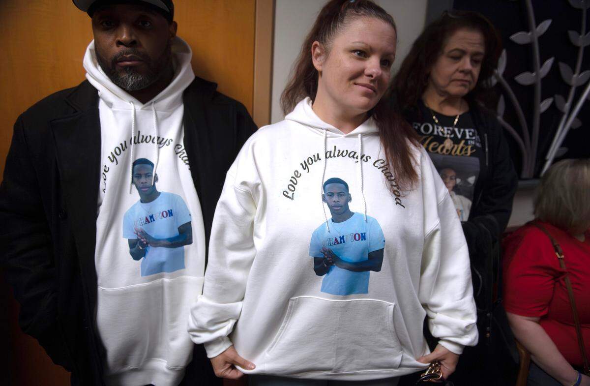 Friends and family wear shirts remembering Lehman Charrod Tucker, who was shot and killed by Artavious Zyshue Magee, who was sentenced in Pierce County Superior Court in Tacoma, Washington, on Friday, Jan. 17, 2025.