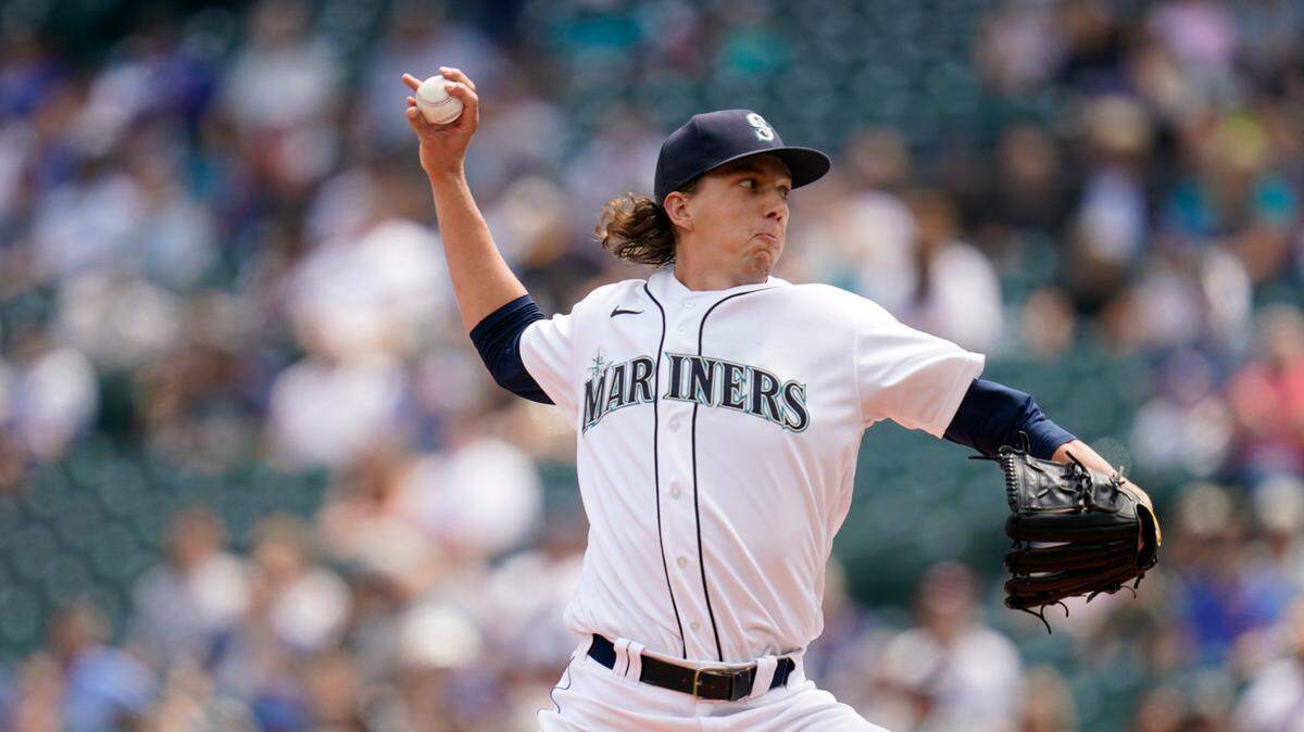 Seattle Mariners starting pitcher Logan Gilbert throws against the New York Yankees in a baseball game Thursday, July 8, 2021, in Seattle. (AP Photo/Elaine Thompson)