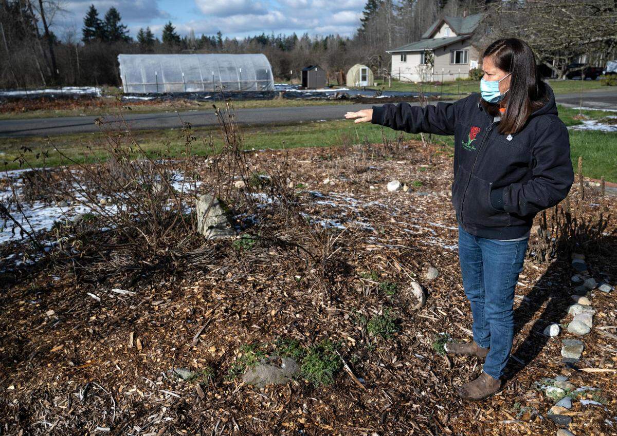 Melissa Meyer, Rose Island Farm owner, points to herbs that she grows in her herbal medicine garden during the summer at the farm on Thursday, Feb. 24, 2022, in Tacoma, Wash. Rose Island Farm is an Indigenous-owned family farm that provides skill share workshops, food and herbal supports for the BIPOC community.