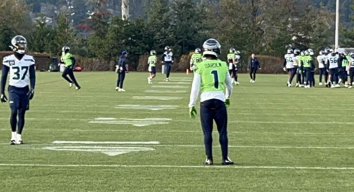 New kickoff and punt returner Jaelon Darden (1) back fielding kicks at the start of Seattle Seahawks practice Dec. 11, 2024, at the Virginia Mason Athletic Center in Renton.