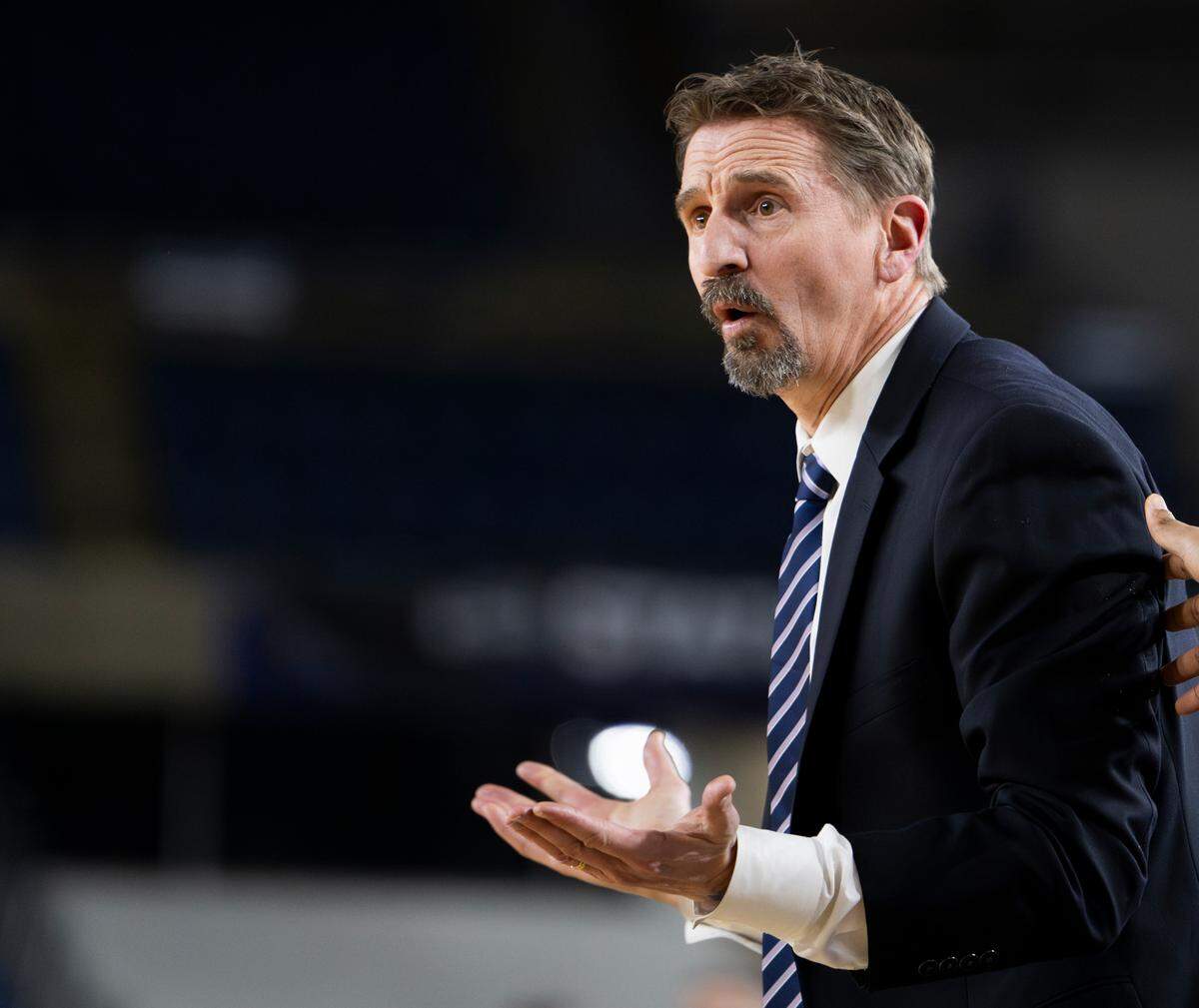 Puyallup head coach Kevin Olson reacts during the second half of a Class 4A state basketball tournament first-round game against Davis at the Tacoma Dome on Wednesday, March 5, 2025, in Tacoma.