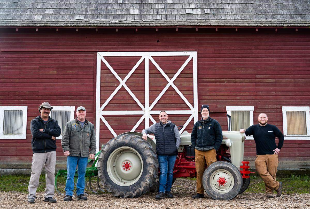 From left, Jesus Padilla, Greg Bridges, Matt Avila, Mark Bridges and Clinton Bridges at McMillin Farm outside Orting in March 2022. They introduced a brewhouse later that year.