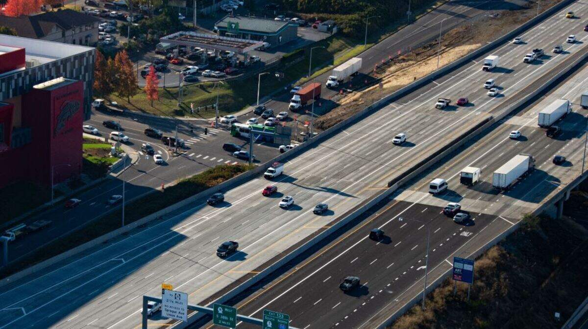 Crews will apply striping on Portland Avenue East to create two left turn lanes for I-5.
