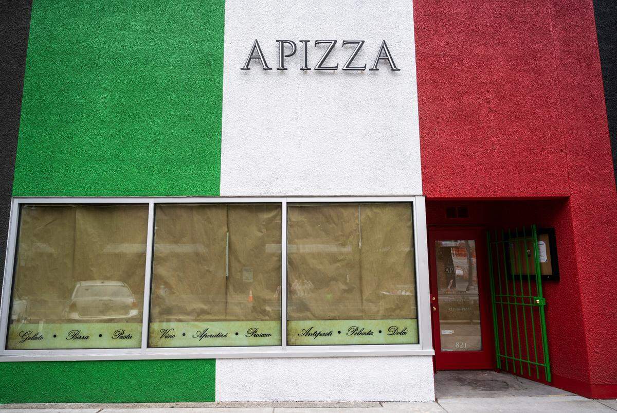 A view of the outside of APIZZA Little Italy at 821 Pacific Ave. on Sept. 14, 2022. Owner Marshall Jett hopes to open for daily service this fall.