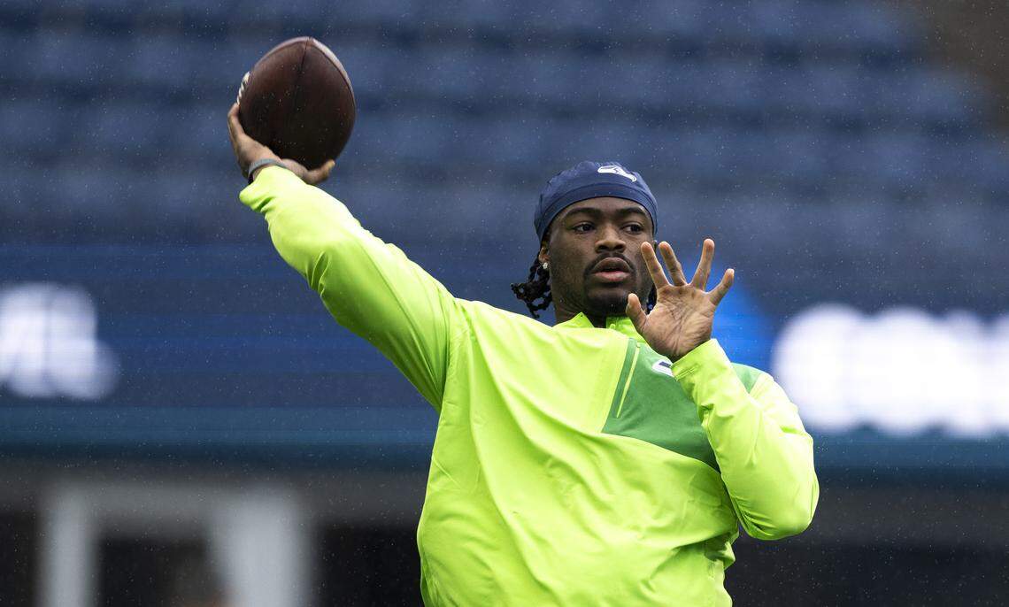Seattle Seahawks quarterback Jalen Milroe (6) warms up before the game against the New Orleans Saints at Lumen Field, on Sept. 21 in Seattle.