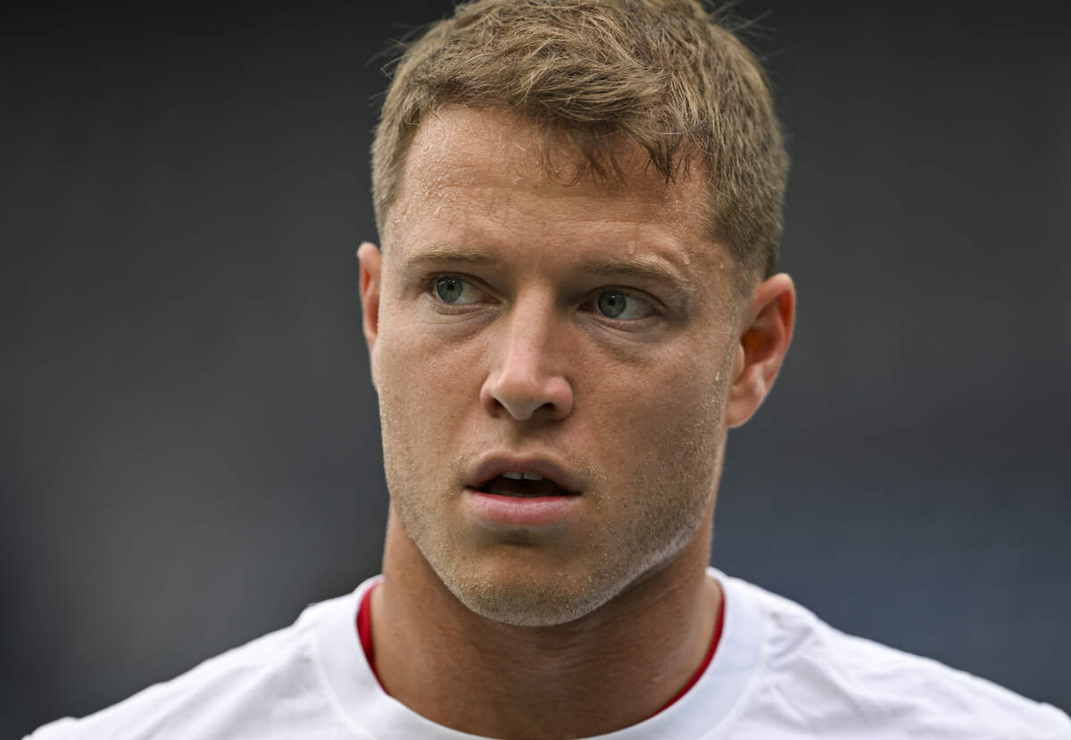 San Francisco 49ers running back Christian McCaffrey (23) warms up before the game against the Seattle Seahawks at Lumen Field, on Sunday, Sept. 7, 2025, in Seattle.