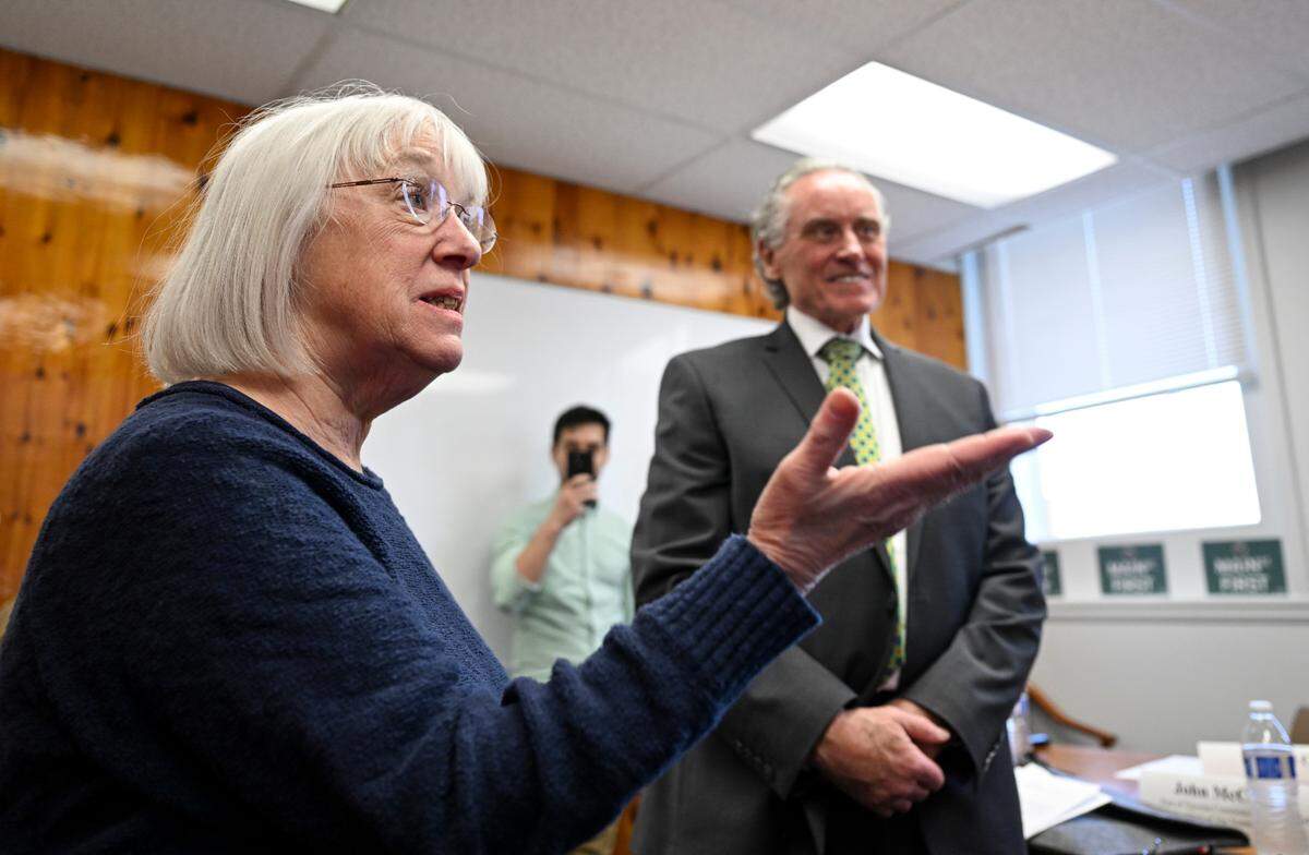 U.S. Sen. Patty Murray meets with Brown & Haley CEO John Melin and representatives from the ports of Seattle and Tacoma to talk about how tariffs are affecting local business at Brown & Haley factory, on Wednesday, April 16, 2025, in Tacoma.