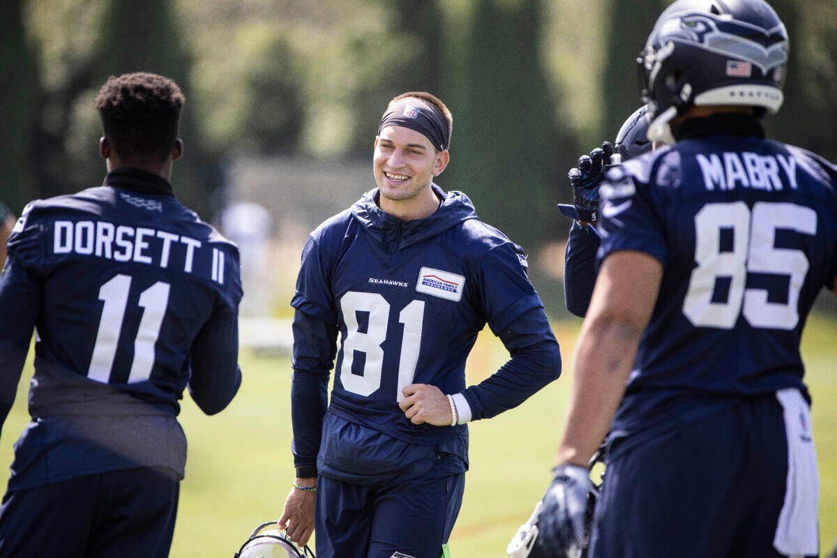 Wide receiver Cody Thompson joins his Seahawks teammates at practice Thursday. The Seattle Seahawks practiced Thursday, August 13, 2020 at the VMAC in Renton, WA.