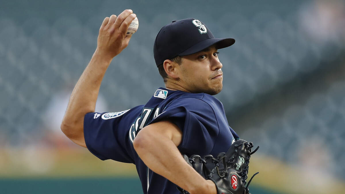 Seattle Mariners starting pitcher Marco Gonzales throws during the first inning of a baseball game against the Detroit Tigers, Wednesday, Aug. 14, 2019, in Detroit.