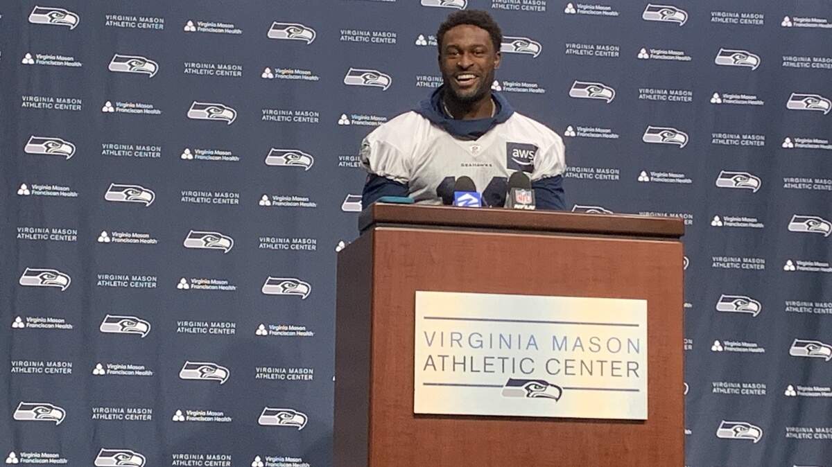 DK Metcalf smiling and laughing Wednesday Sept. 20, 2023, through his injured ribs we good signs the Seahawks’ wide receiver was going to play Sunday against the Carolina Panthers at Lumen Field.
